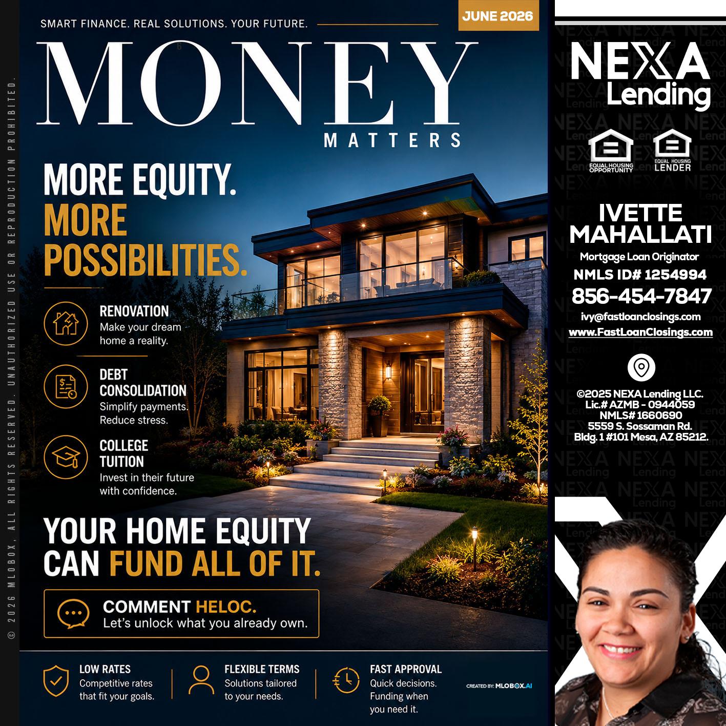 MONEY MATTERS - Ivette Mahallati -Mortgage Loan Originator