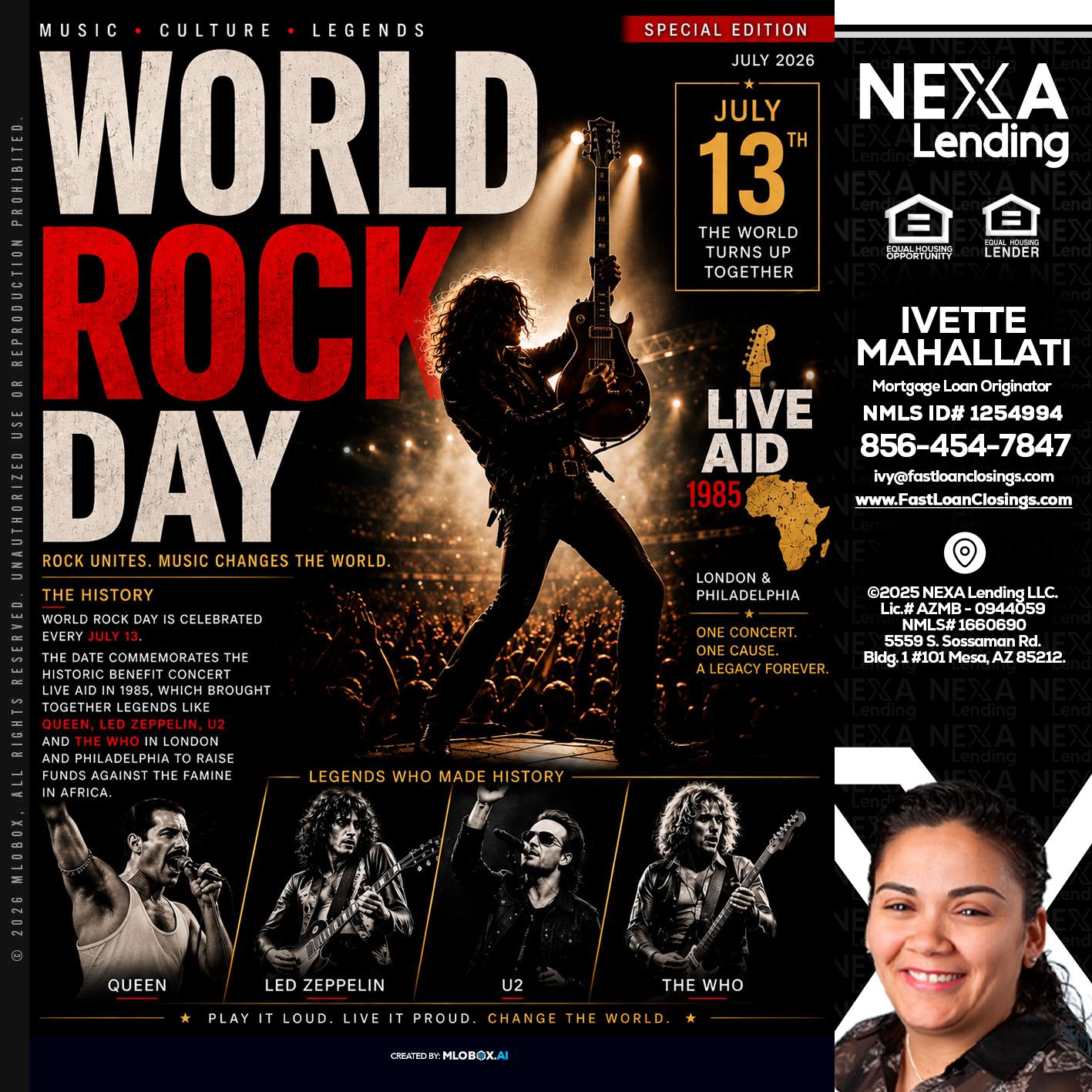 WORLD ROCK MUSIC DAY - Ivette Mahallati -Mortgage Loan Originator